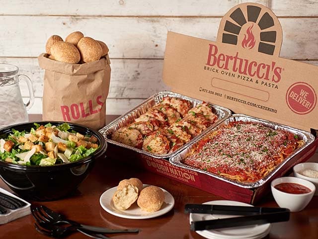 Bertucci's Catering Package with Chicken Parmesan, Spaghetti, Caesar Salad, and Rolls