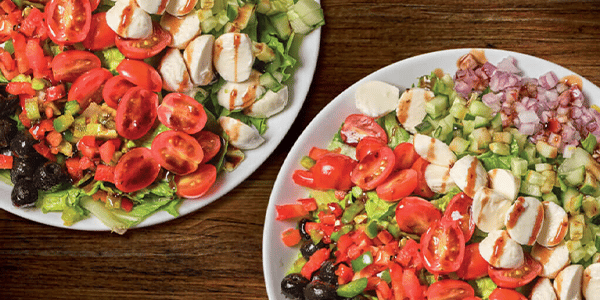 Two Bertucci's farmhouse salads with balsamic vinaigrette & balsamic fig glaze