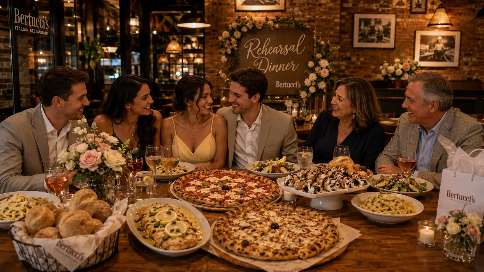 A small group celebrates a wedding rehearsal dinner at Bertucci’s, smiling around a table filled with pizza, pasta, salad, bread, desserts, flowers, and drinks in a warm brick restaurant dining room.