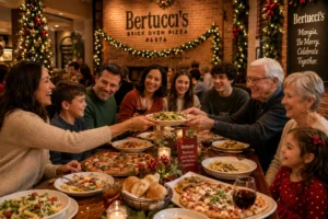 Family sharing a holiday meal with pizza and pasta at a festively decorated Bertucci’s restaurant.