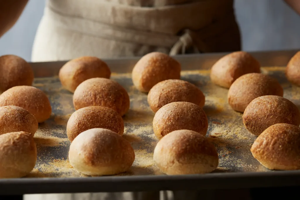 Freshly baked Bertucci’s rolls arranged on a tray dusted with cornmeal.