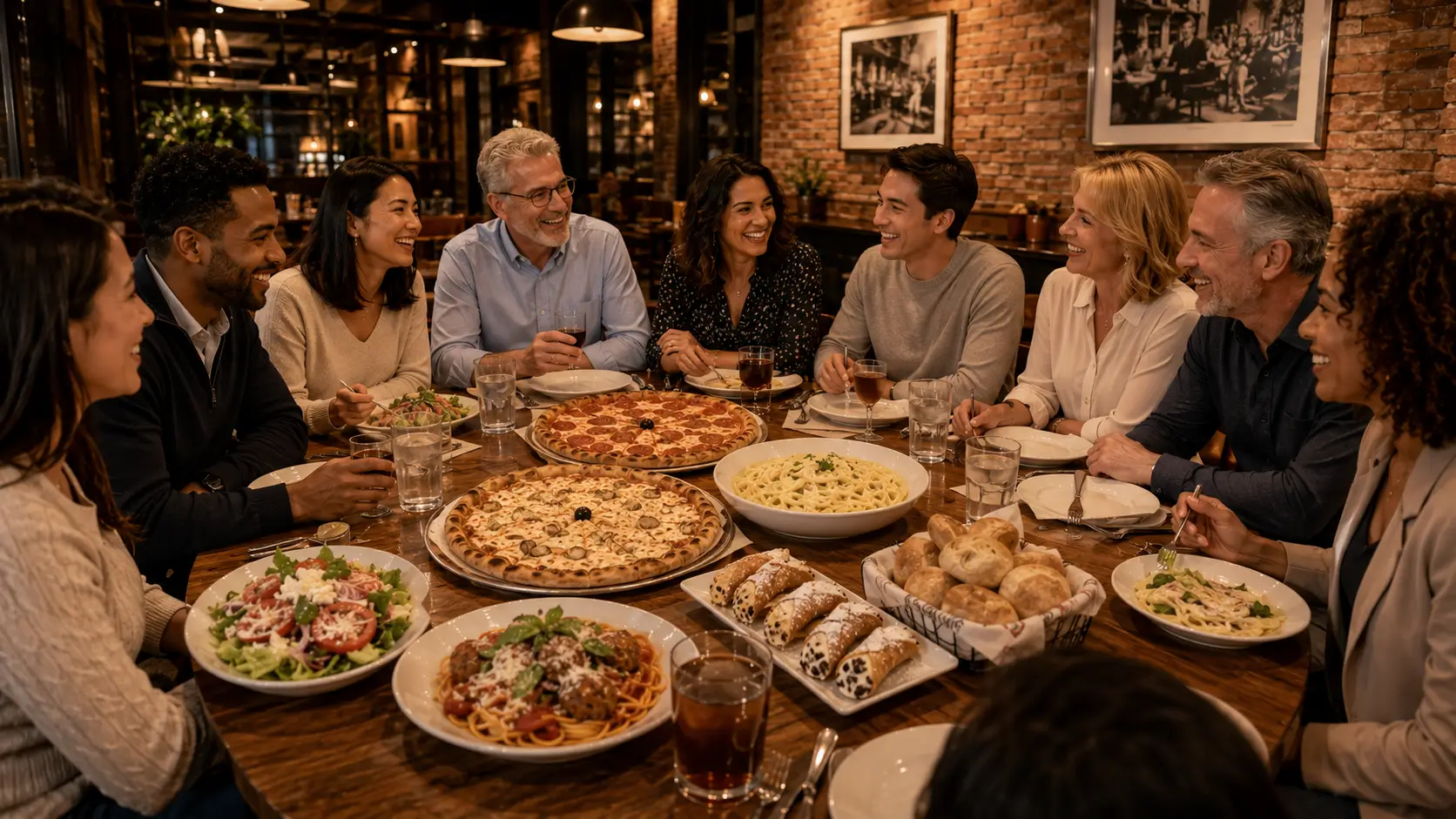 Diverse group of coworkers sharing pizza, pasta, salad, rolls and cannoli during a business lunch at Bertucci’s.
