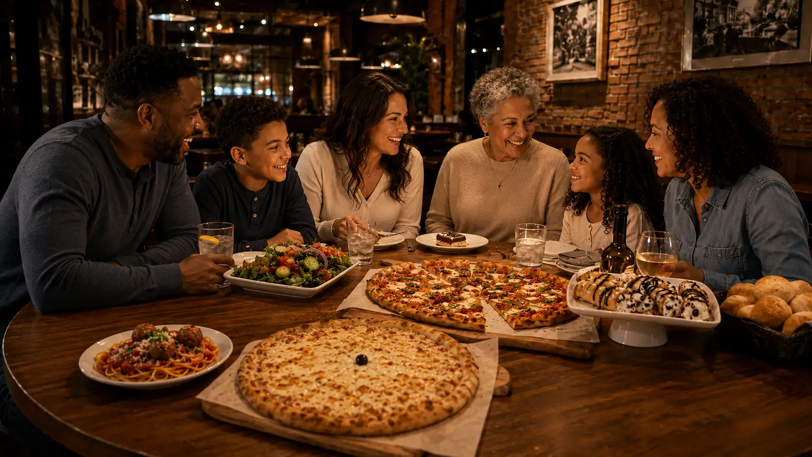 Family sharing pizza, pasta, salad, rolls, and desserts around a table inside a warmly lit Bertucci’s restaurant.