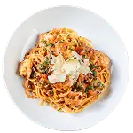 Sautéed shrimp, capers and shaved cheese on pasta