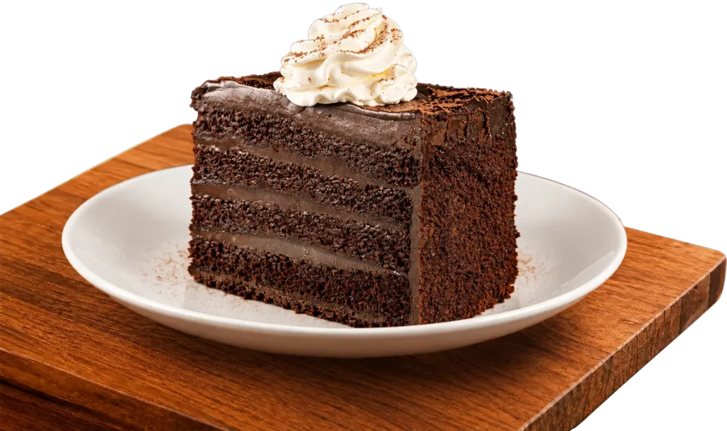 Bertucci's Double Chocolate Cake resting on a wooden board