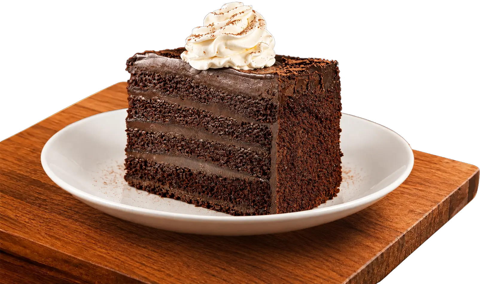 Bertucci's Double Chocolate Cake resting on a wooden board