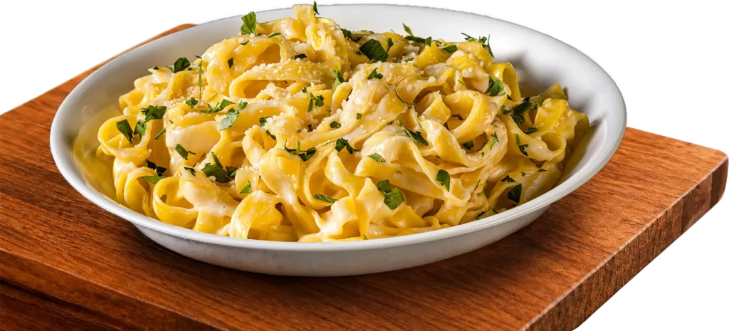 Fettuccine Alfredo topped with grated Parmesan and fresh parsley, served in a white bowl on a wooden board.